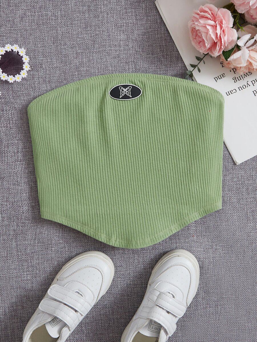 SHEIN 青少女蝴蝶拼接曲線下擺露腰筒上衣 - 薄荷綠 - 查看 1