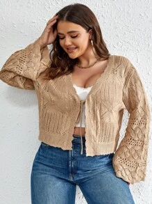 Calvaya Plus Pointelle Knit Bell Sleeve Tie Front Cardigan - Khaki - View 3