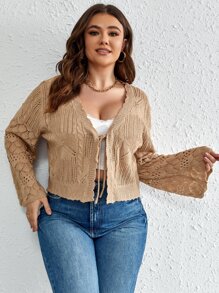 Calvaya Plus Pointelle Knit Bell Sleeve Tie Front Cardigan - Khaki - View 5