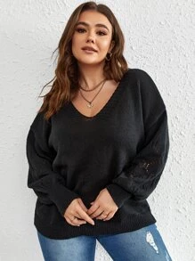 Calvaya Plus Pointelle Knit Drop Shoulder Jumper - Black - View 3