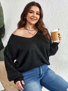 Calvaya Plus Pointelle Knit Drop Shoulder Jumper - Black - View 6