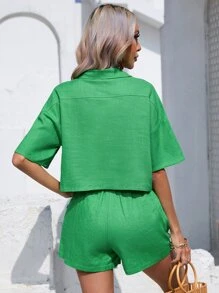 SHEIN Essnce Bộ đồ hai mảnh nữ Nút phía trước Túi màu trơn Giải trí - màu xanh lá - Xem 2