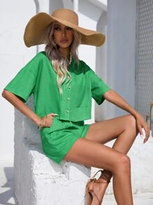 SHEIN Essnce Bộ đồ hai mảnh nữ Nút phía trước Túi màu trơn Giải trí - màu xanh lá - Xem 3