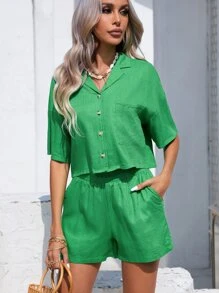 SHEIN Essnce Bộ đồ hai mảnh nữ Nút phía trước Túi màu trơn Giải trí - màu xanh lá - Xem 5
