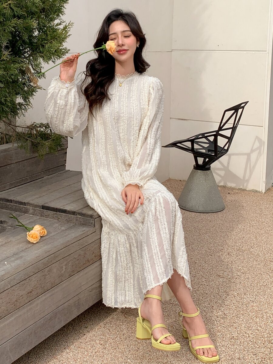 DAZY 纯色泡泡袖罩衫连衣裙、荷叶边、秋装长袖连衣裙 - 米色 - 查看 1