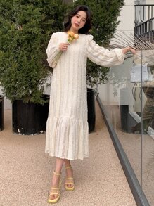 DAZY 纯色泡泡袖罩衫连衣裙、荷叶边、秋装长袖连衣裙 - 米色 - 查看 4