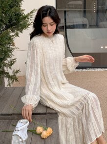DAZY 纯色泡泡袖罩衫连衣裙、荷叶边、秋装长袖连衣裙 - 米色 - 查看 5