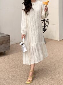 DAZY 纯色泡泡袖罩衫连衣裙、荷叶边、秋装长袖连衣裙 - 米色 - 查看 6