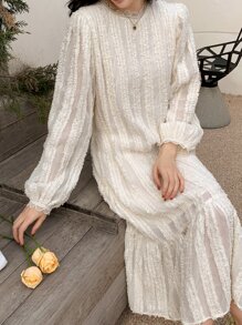 DAZY 纯色泡泡袖罩衫连衣裙、荷叶边、秋装长袖连衣裙 - 米色 - 查看 7