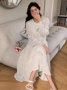 DAZY Tie Front Flounce Sleeve Ruffle Hem Dress Sundress,Fall Women Clothes - Apricot - View 2