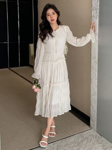 DAZY Tie Front Flounce Sleeve Ruffle Hem Dress Sundress,Fall Women Clothes - Apricot - View 3