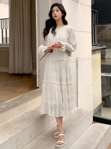 DAZY Tie Front Flounce Sleeve Ruffle Hem Dress Sundress,Fall Women Clothes - Apricot - View 4