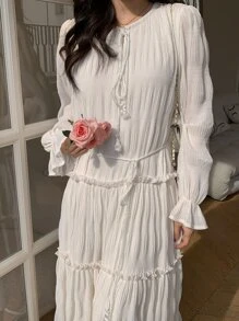 DAZY Tie Front Flounce Sleeve Ruffle Hem Dress Sundress,Fall Women Clothes - Apricot - View 6