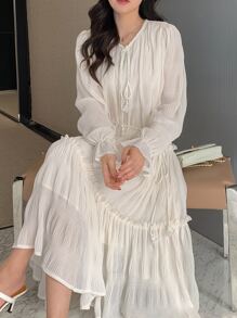 DAZY Tie Front Flounce Sleeve Ruffle Hem Dress Sundress,Fall Women Clothes - Apricot - View 8