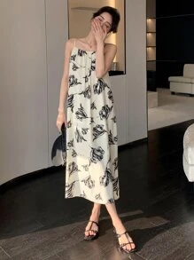 DAZY Allover Floral Print Cami Dress Sundress,Casual Women Dresses - Black and White - View 1