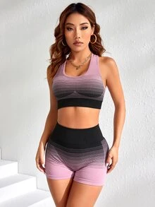 SHEIN Yoga Futuristic 無縫漸層寬腰帶運動套裝 - 彩色 - 查看 3