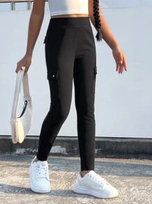 SHEIN Leap Crew Girls Flap Pocket Trousers - Black - View 2