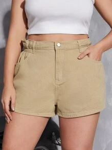 Plus Paperbag Waist Slant Pocket Denim Shorts - Khaki - View 1