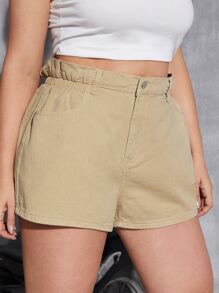 Plus Paperbag Waist Slant Pocket Denim Shorts - Khaki - View 3