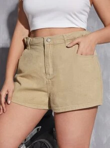Plus Paperbag Waist Slant Pocket Denim Shorts - Khaki - View 4