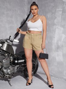 Plus Paperbag Waist Slant Pocket Denim Shorts - Khaki - View 5