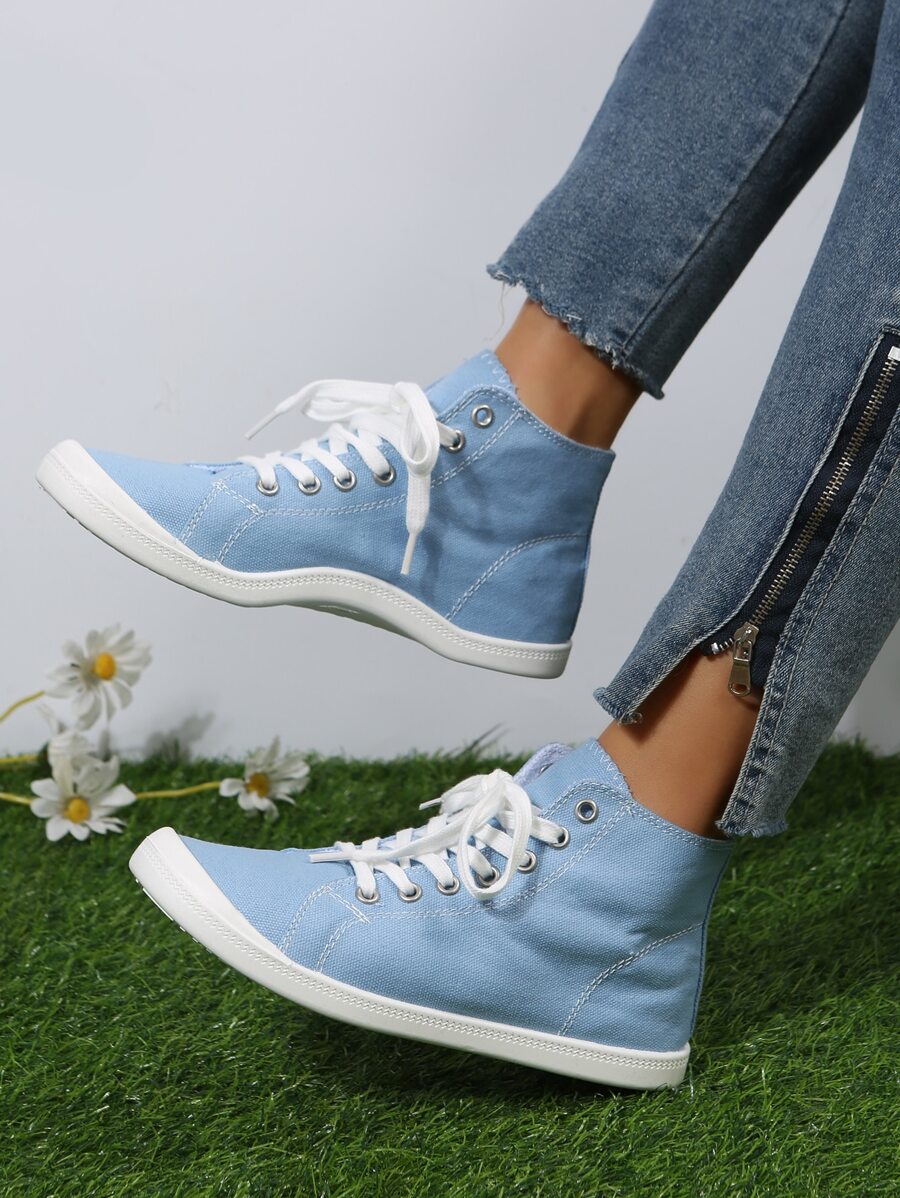 Lace-up Front High-top Canvas Shoes - Baby Blue - View 1