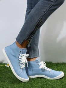Lace-up Front High-top Canvas Shoes - Baby Blue - View 3