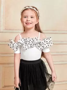 SHEIN Toddler Girls 1pc Polka Dot Ruffle Trim Cold Shoulder Tee - White - View 1