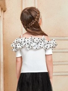SHEIN Toddler Girls 1pc Polka Dot Ruffle Trim Cold Shoulder Tee - White - View 2