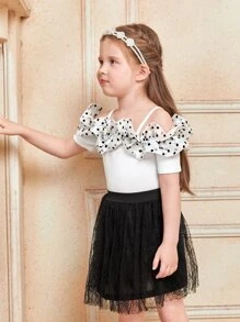 SHEIN Toddler Girls 1pc Polka Dot Ruffle Trim Cold Shoulder Tee - White - View 3