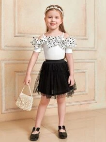 SHEIN Toddler Girls 1pc Polka Dot Ruffle Trim Cold Shoulder Tee - White - View 4