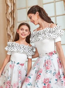 SHEIN Toddler Girls 1pc Polka Dot Ruffle Trim Cold Shoulder Tee - White - View 6