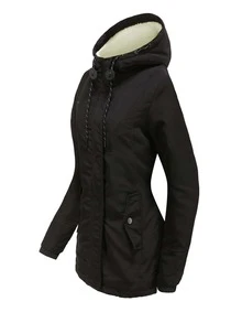 NITAGUT Zip Up Drawstring Hooded Padded Coat - Black - View 4