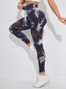 Yoga Trendy 紮染瑜伽打底褲漁網拼接緊縮褶皺臀部收復健身緊身打底褲 - 彩色 - 查看 1