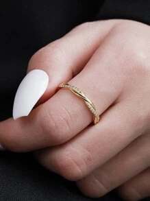 方晶鋯石裝飾銀婚戒適合女士新娘婚禮精細首飾類 - 金色 - 查看 2