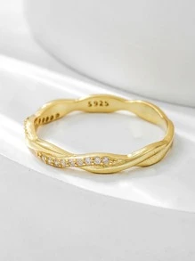 方晶鋯石裝飾銀婚戒適合女士新娘婚禮精細首飾類 - 金色 - 查看 4