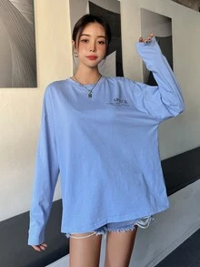 DAZY Letter Graphic Drop Shoulder Tee - Blue - View 8