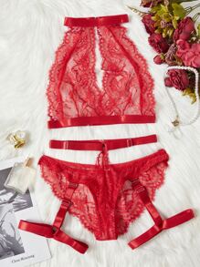 Floral Lace Garter Lingerie Set - Red - View 1