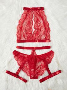 Floral Lace Garter Lingerie Set - Red - View 2