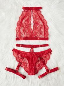 Floral Lace Garter Lingerie Set - Red - View 3