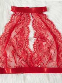 Floral Lace Garter Lingerie Set - Red - View 4