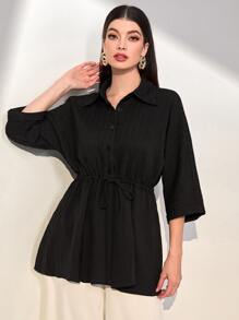 Mulvari Áo sơ mi nữ Dây kéo Nút phía trước màu trơn Giải trí - màu đen - Xem 1