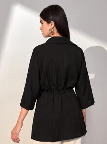 Mulvari Áo sơ mi nữ Dây kéo Nút phía trước màu trơn Giải trí - màu đen - Xem 2
