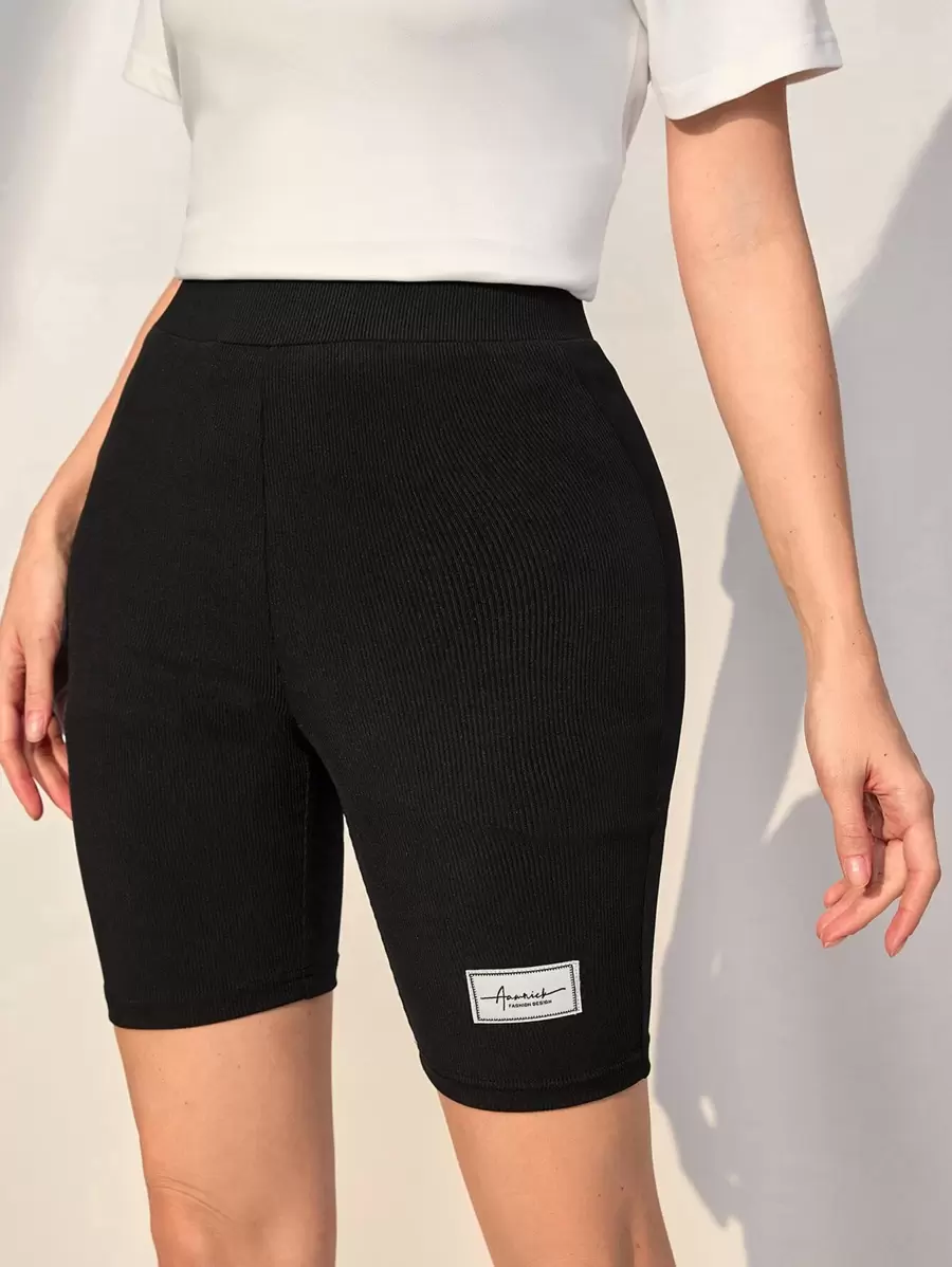 Mulvari 字母補丁細節條紋針織騎行褲 - 黑色 - 查看 1