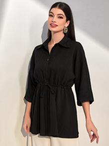 Mulvari Áo sơ mi nữ Dây kéo Nút phía trước màu trơn Giải trí - màu đen - Xem 4