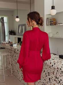 Glamaker Vestido de cuello alto de manga farol fruncido - Rojo - Ver 2