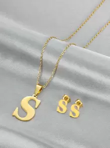 MONALLY 1 套 18K 镀金时尚字母吊坠项链和耳环，适合女士毕业舞会配饰不锈钢金首饰套装周年纪念完美礼物日常佩戴 - 金黃色 - 查看 5