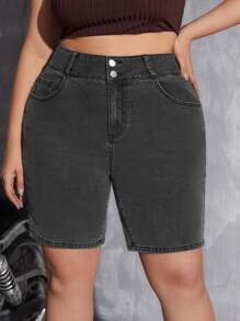 Plus Slant Pocket Denim Shorts - Black - View 1