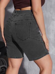 Plus Slant Pocket Denim Shorts - Black - View 2