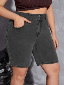 Plus Slant Pocket Denim Shorts - Black - View 3